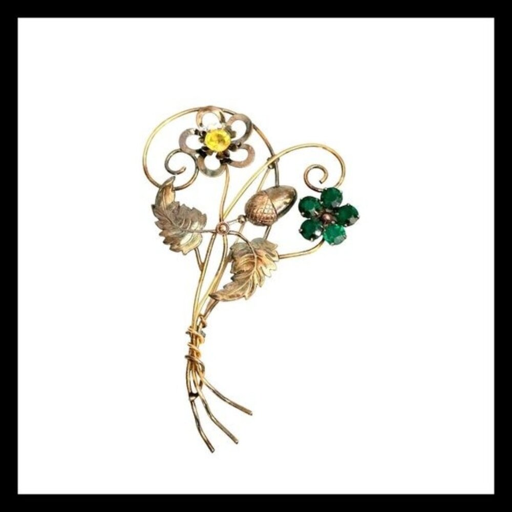 Vintage 12K Gold Filled Green Yellow Rhinestone Floral‎ & Acorn Brooch Pin